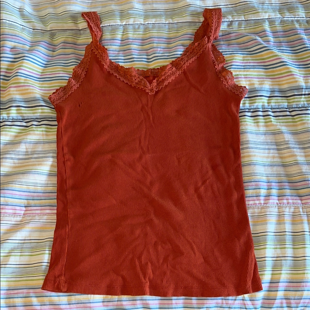 Ribbed Lace Trim Tank Top Burnt Orange Women's Size Large‎